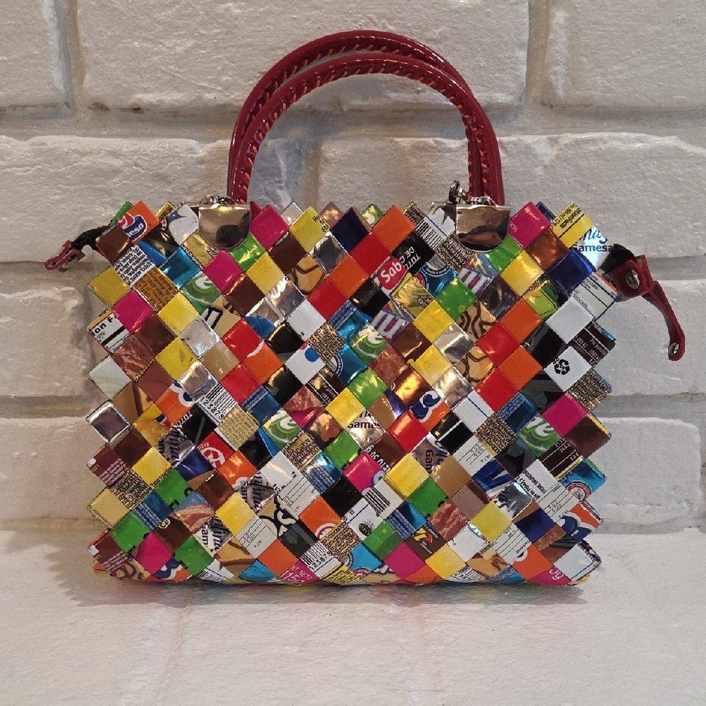 Nahui Ollin Colorful Recycled Tote with Red Handles